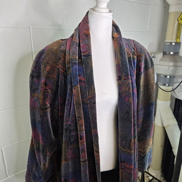 Vtg 80s De Ball Velvet Portrait multicolor abstract swing open front coat - Picture 9 of 12